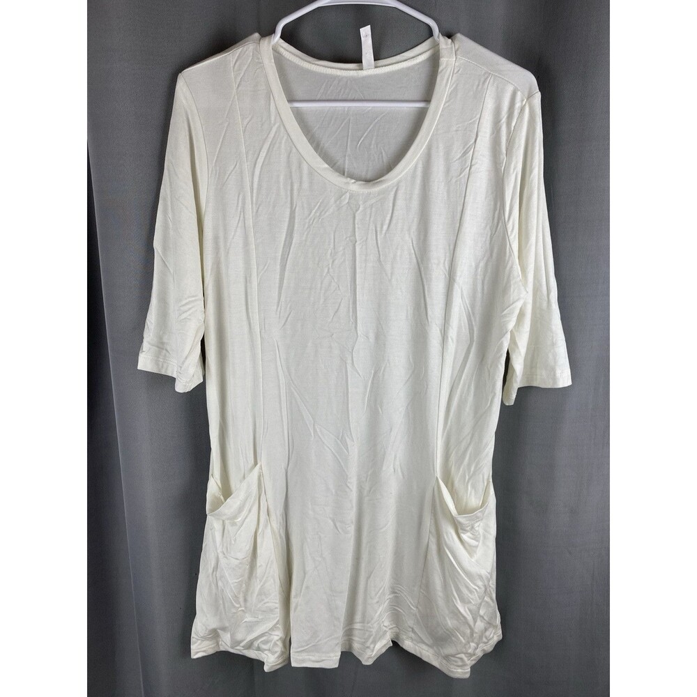 Popana Women's Sz XL Beige Stretchy Short Sleeve Long Top With Pockets